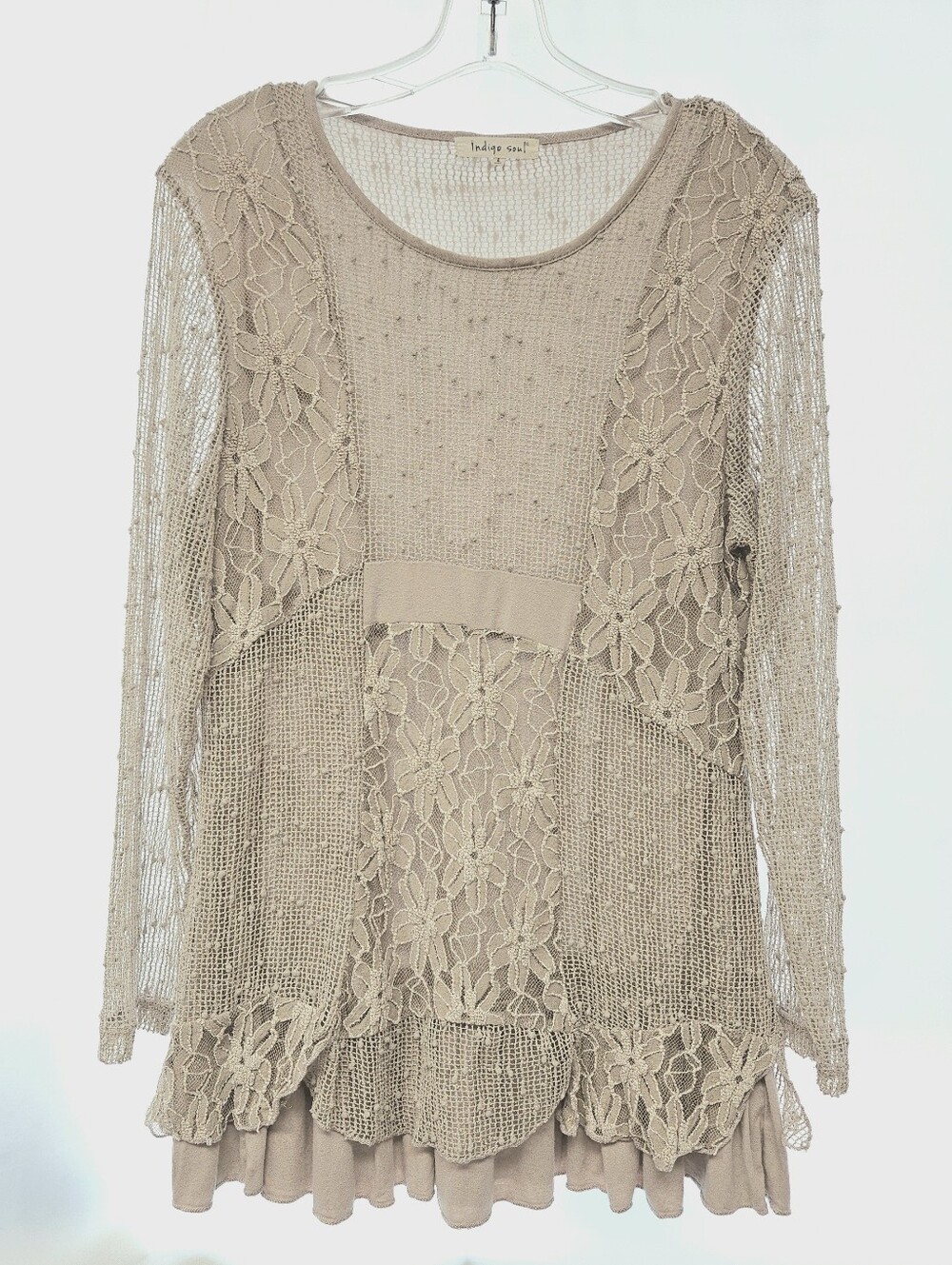 Indigo Soul Beige Lace And Net Women's Long Sleeve Tunic Top Sz L Boho Goth